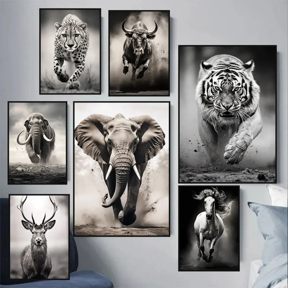 Black and White Animal Posters Prints Tiger Elephant Deer Cheetah Bull Horse Canvas Painting for Bedroom Home Wall Art Decor