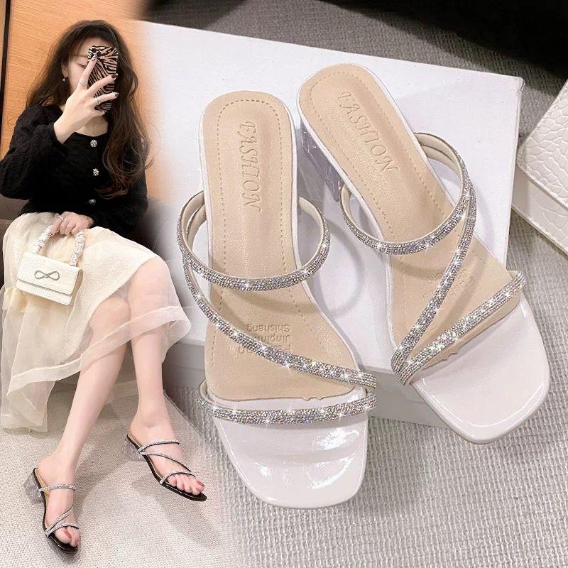 Product Introduction of Summer New Rhinestone Fairy Style Chunky Heel Two-Way Sandals Elegant Outdoor Crystal High Heels for Women 7