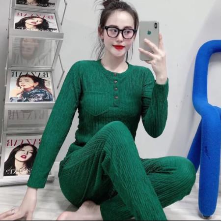  Đồ Bộ Thun Xốp Tay Dài Có Cúc Cài Cổ Trụ Dành Cho Nữ Áo Top Women Voi 