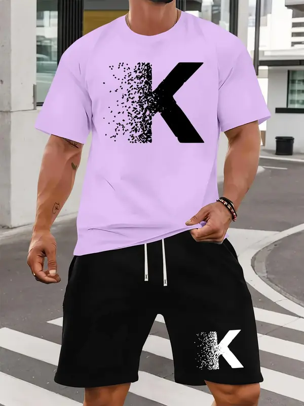 Two-piece Set Men's Letter Print Short Sleeve Tee & Shorts Set, Regular Fit Casual Round Neck T-shirt & Track Shorts, Summer Clothes Set for Men 6