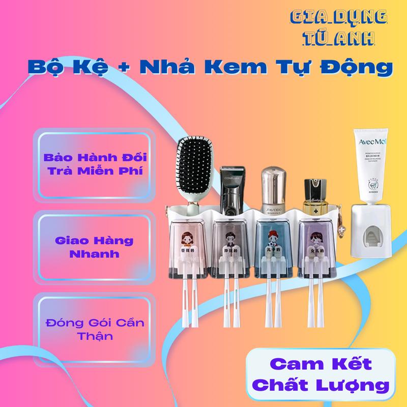Kệ Để Bàn Chải Nhả Kem Đánh Răng Tự Động Thông Minh Giá Treo 4 Cốc Để Đồ Dán Tường Dùng Cho Nhà Tắm Đựng Bàn Chải