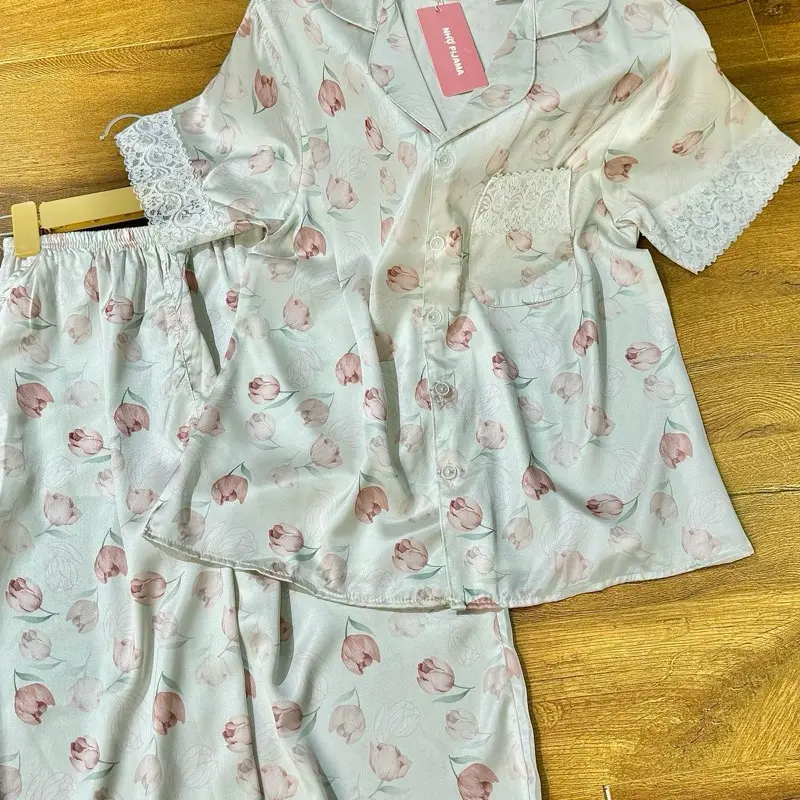 M114 NHỌ PYJAMAS Bộ mặc nhà HOA TRÀ XANH phối ren tiểu thư sang chảnh 5