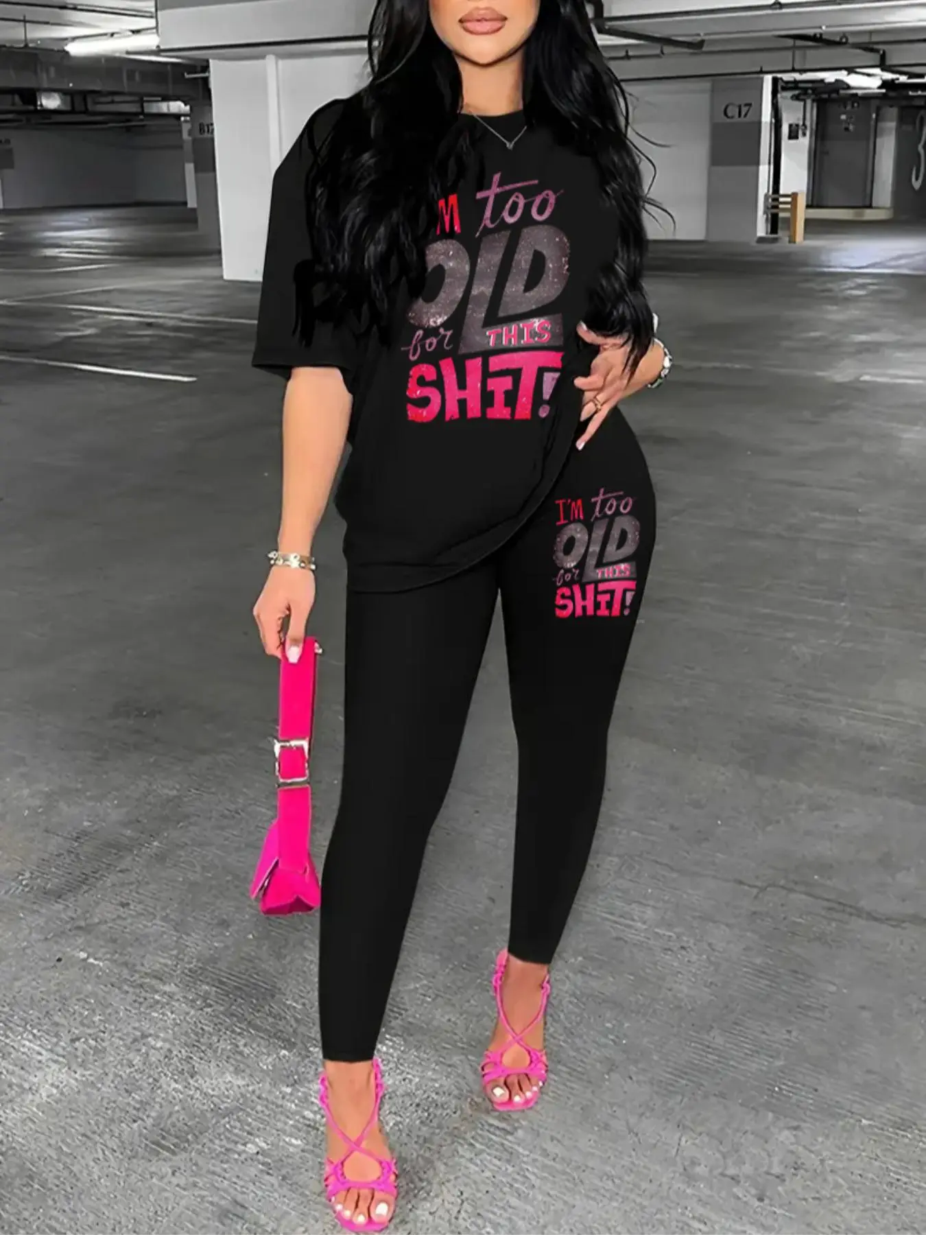 【Plus Size】 Two-Piece Set Letter Print Tee & Skinny Pants Set, Casual Short Sleeve T-shirt & Trousers, Women's Outfits for Daily Wear