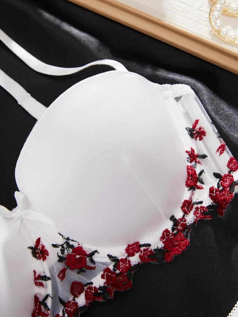 Product Introduction of Two-Piece Set Women's Ditsy Floral Embroidery Contrast Lace Bra & Scallop Trim Thong Underwear Set, Adjustable Strap Push Up Bralette & Panty, Lingerie Set for Women 5