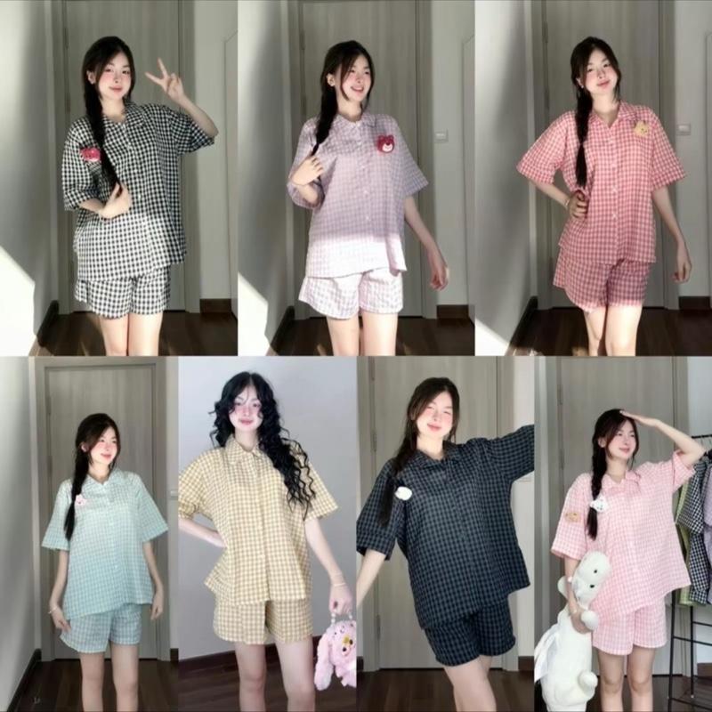 [ CHẤT MỀM KHÔNG NGỨA] SET/ BỘ CARO TAY NGẮN QUẦN ĐÙI KẺ ĐỒ NGỦ, MẶC NHÀ THOẢI MÁI MAY STICKER bigsize 55-90kg