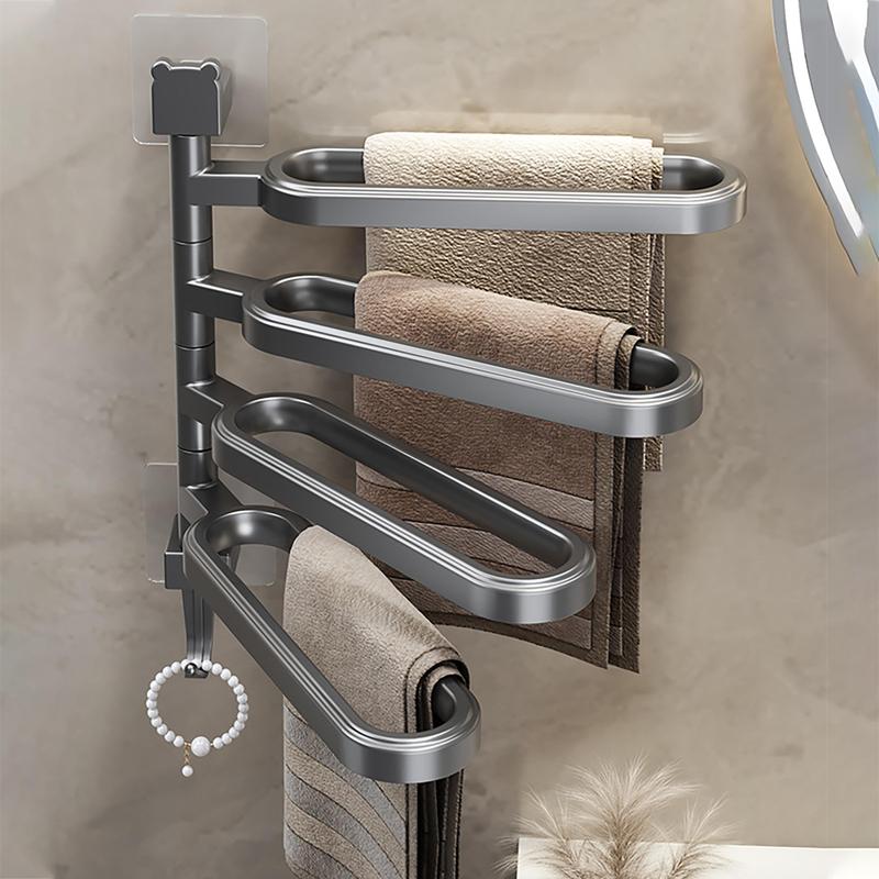 Product Introduction of Wall Mounted Towel Rack, 1 Count Multi Layer Punch Free Towel Holder with Hook, 180 Degree Rotatable Towel Storage Rack, Home Organizer for Bathroom 0