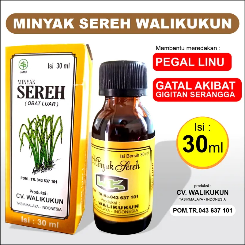 Minyak Sereh Walikukun Original 30 ML, Minyak Herbal Walikukun, Pegal Linu, Gatal di gigit Serangga 0