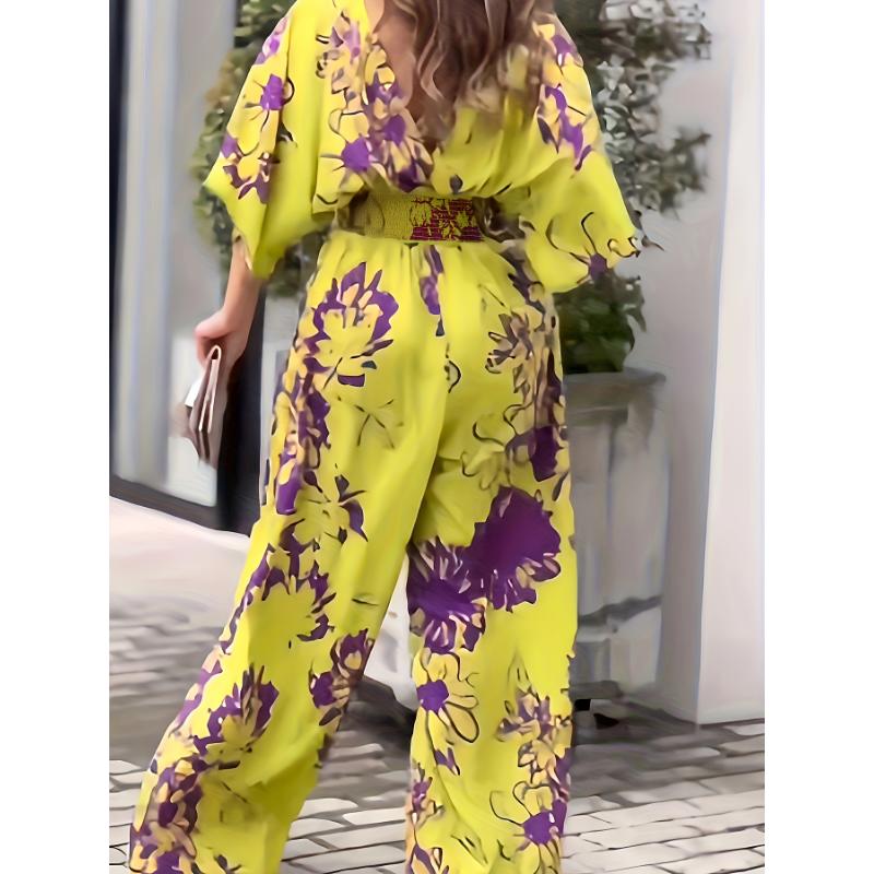 Elegant Print Pocket Oblique Collar Straight Jumpsuits Elegant Print Pocket Oblique Collar Straight Jumpsuits