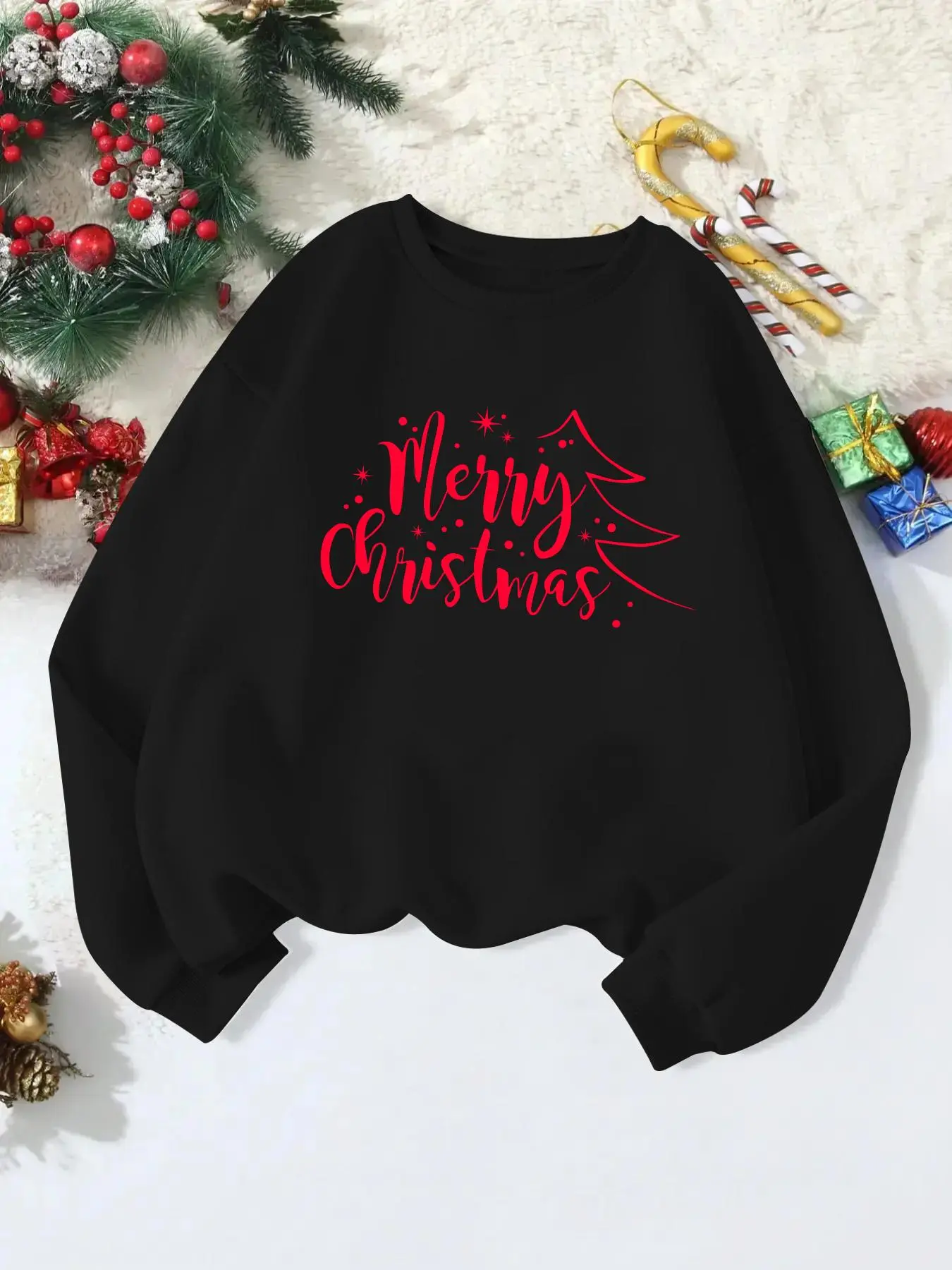 Women's Christmas Tree & Letter Print Crew Neck Sweatshirt, Casual Long Sleeve Pullover for Spring & Fall, Ladies Clothes for Daily Wear