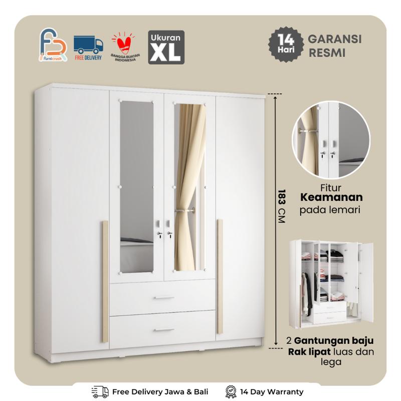 Furnicrush Lemari Pakaian 4 Pintu / Lemari Full Rak / Lemari Putih ...