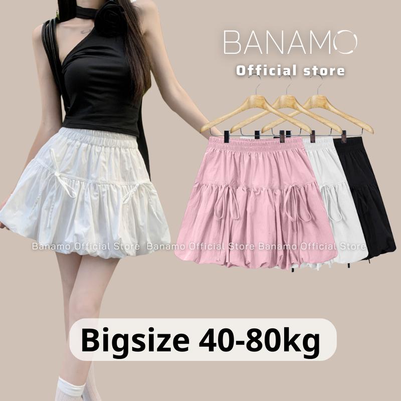 Chân váy nữ Banamo Fashion chân váy bí ngô ngắn dáng phồng 2 tầng buộc nơ chất gió mềm 5930 Women Màu Trắng