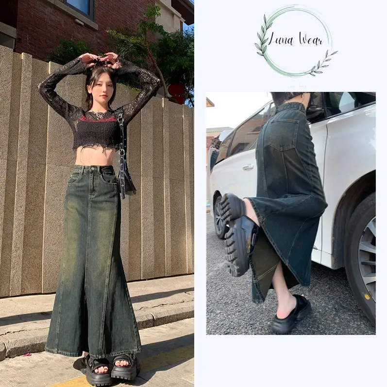 Chân váy jean đuôi cá LUNA WEAR, Chân váy bò xòe dáng dài cạp cao tôn dáng thanh lịch quyến rũ A35