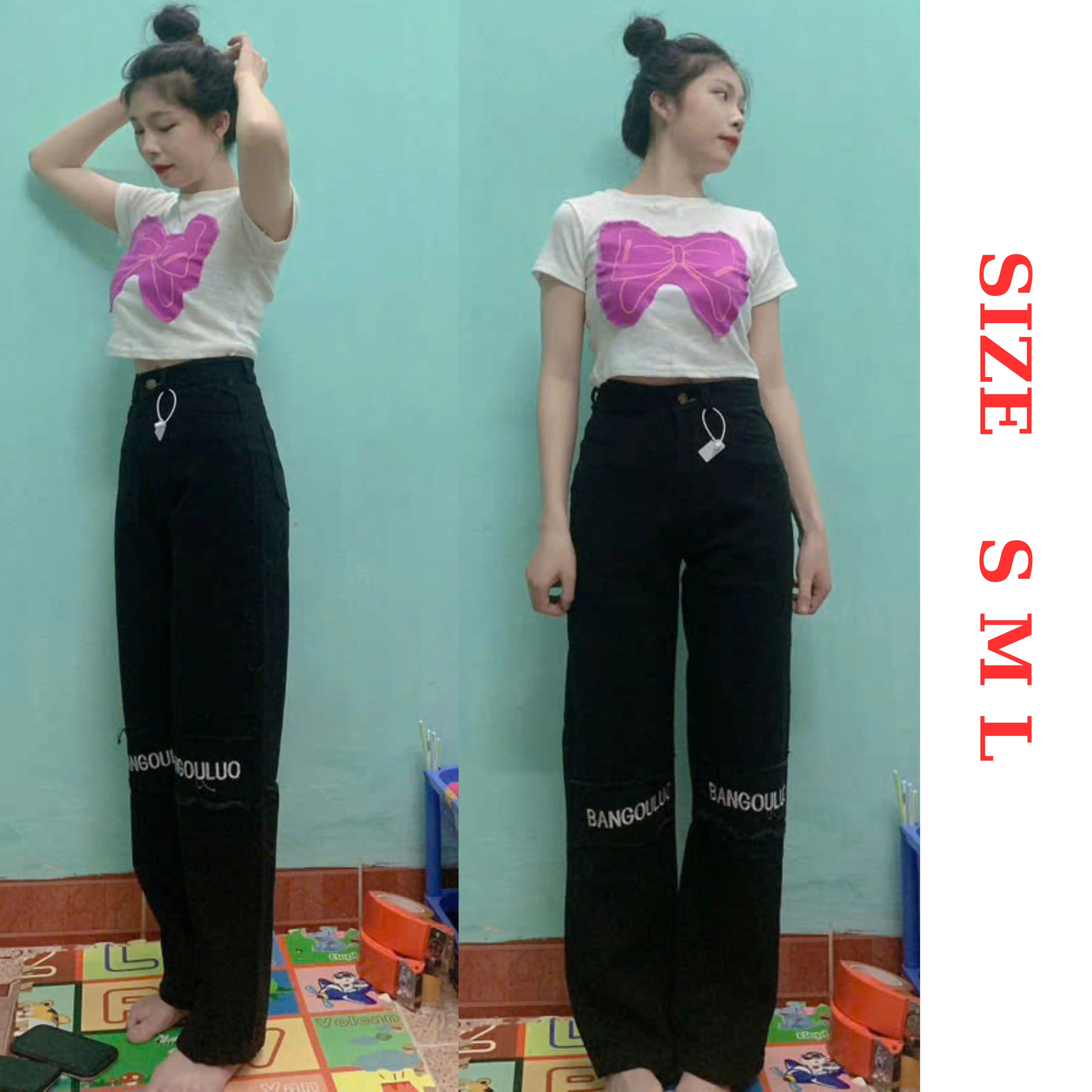 Quần bò jeans ống suông thêu Chữ Gối phối dây tua, quần jeans ống rộng mặc đôi nam nữ [màu đen]