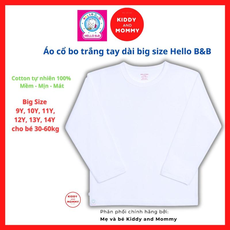 Áo Thun Trắng tay dài Bᶖgsize 30-60kg HELLOBB AL1409 cotton tự nhiên mềm mịn mát | Bᶖg size Hello B&B | Kiddy and Mommy 0