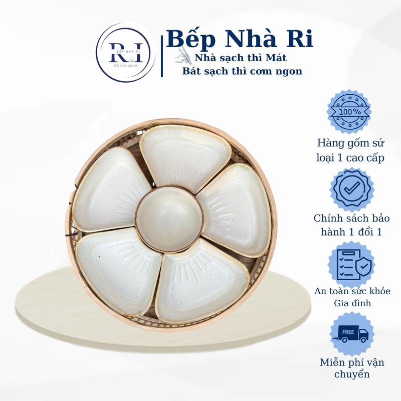 Bộ Bát Hoa Mặt Trời Men Nâu Mộc cao cấp- Gốm Sứ Bát Tràng - Lễ gia tiên, decor siêu xinh ( BẾP NHÀ RI RMTN8