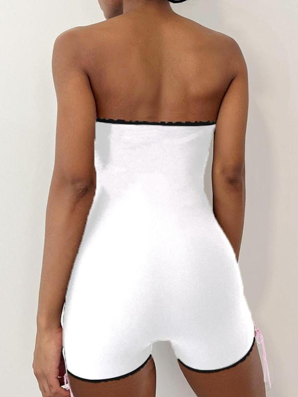 Women's Sexy Contrast Binding Bow Decor Tube Romper, Summer Clothes for Women, Stretchy Strapless One-piece Romper for Summer, Women's Clothes for Holiday Beach Valentine's Day, gift, Womenswear 7