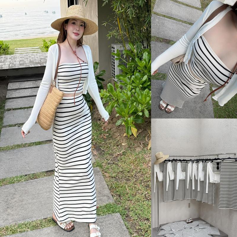 Set 3 Món Áo Khoác Mongtoghi Áo Kẻ Quây Mix Chân Váy Xòe Đuôi Cá Top Nữ Women Mai Chi Store MC234