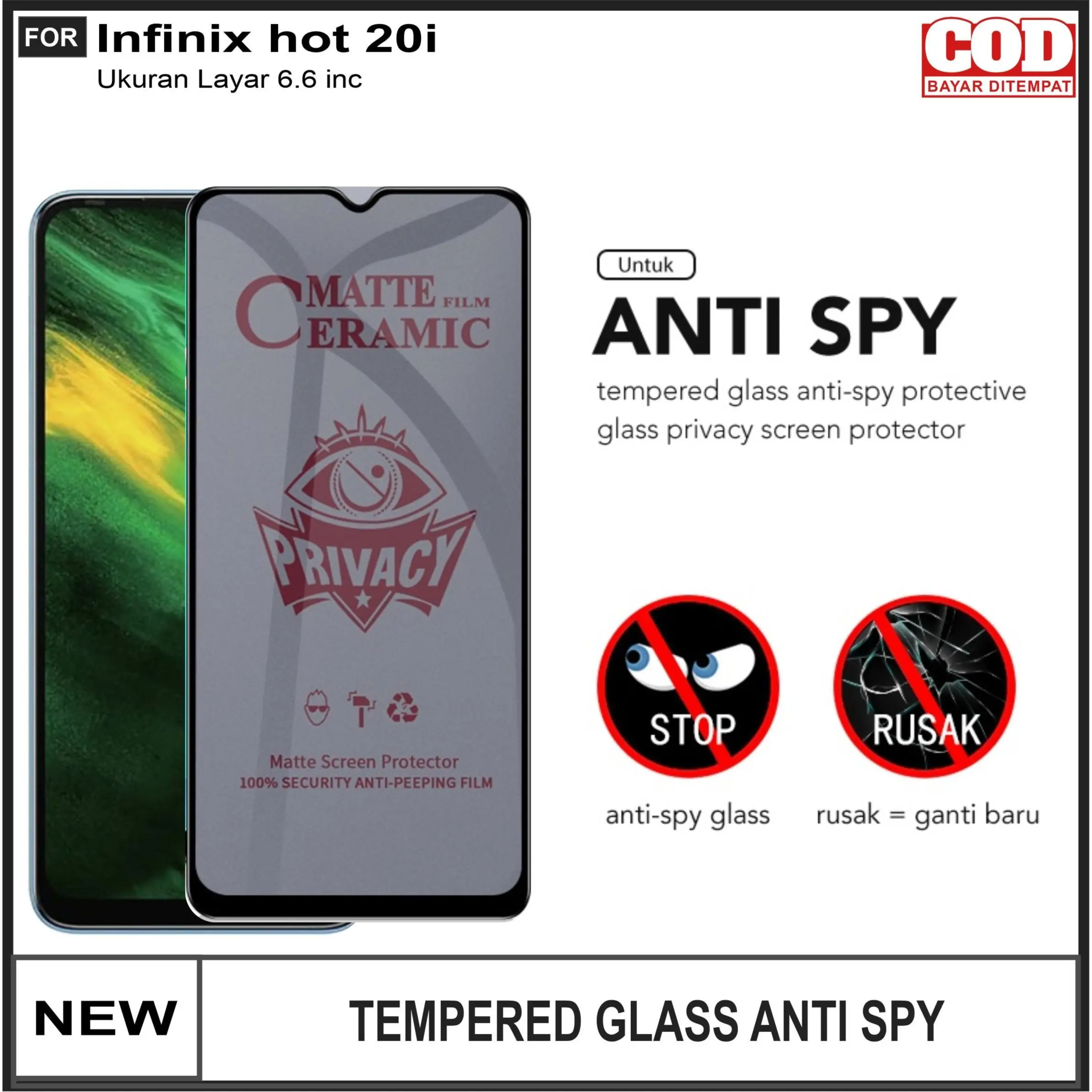 Pelindung Layar Ceramic Anti SPY Matte Infinix Hot 20i