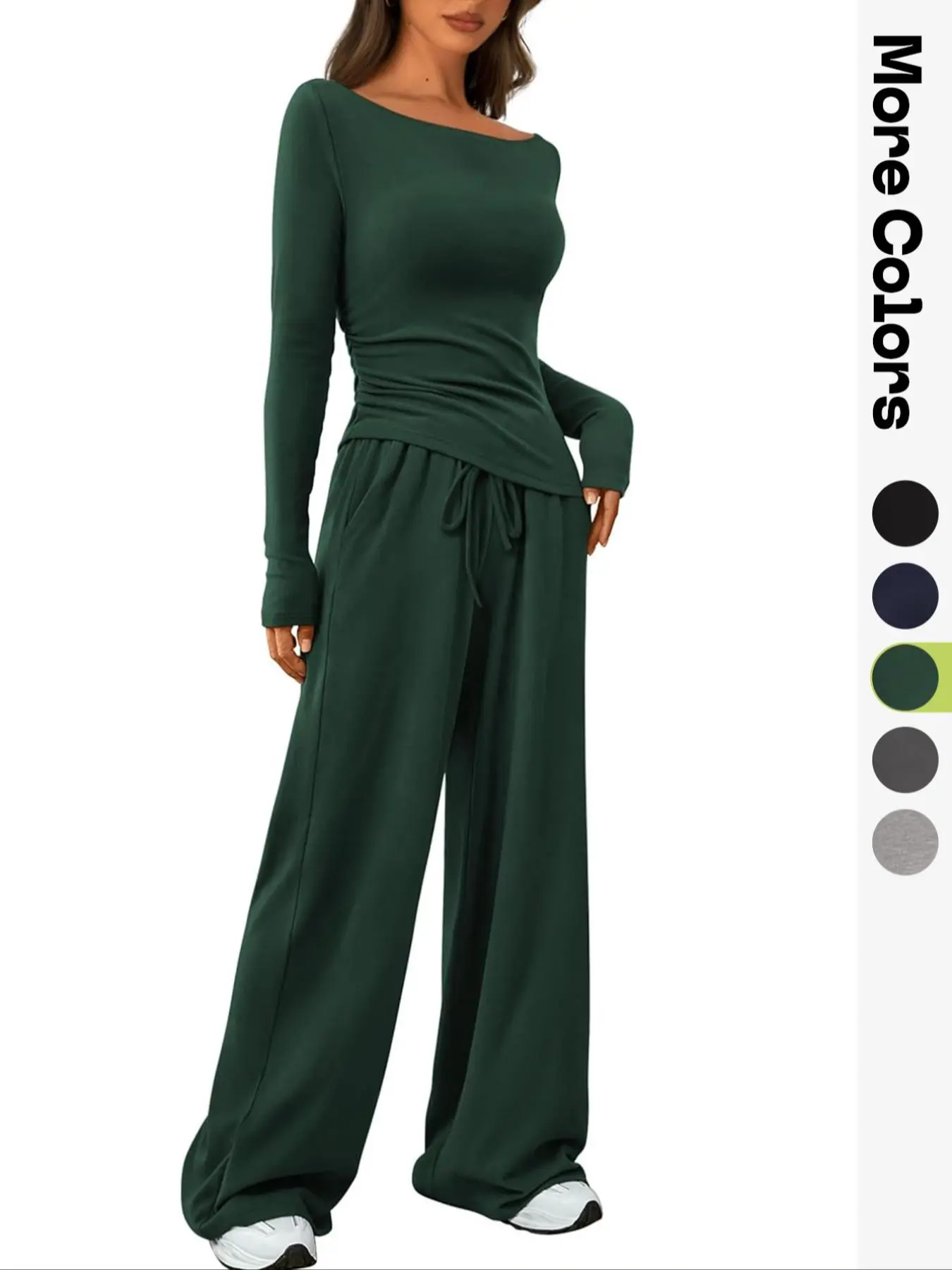 Women's Solid Boat Neck Long Sleeve Tee & Wide Leg Pants Loungewear Set, Casual Comfy Pyjama Set for Women, Comfy Loungewear Set for Daily Home Wear