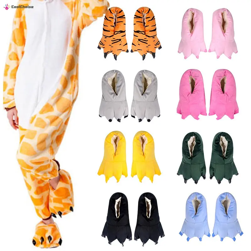 Animal Slippers Onesie Pajama Shoes Cartoon Dinosaur Cow Tiger Winter Warm Shoes Slippers