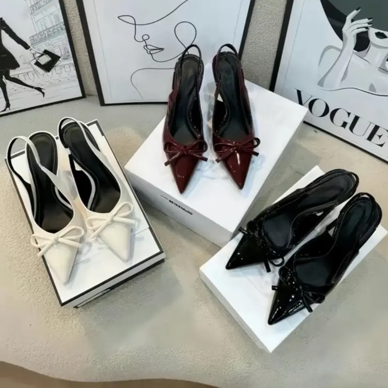 giày cao gót mũi nhọn mix nơ hở gót quai min da bóng form chuẩn với 3 màu Xinh Shoes đẹp ( TC 14 )