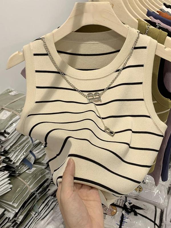 Áo Vest Sọc Cropped Cạp Cao Phong Cách Cô Gái Nóng Bỏng, Chất Liệu Nguyên Chất, Dành Cho Nữ, Mỏng Vừa Vặn, Có Thể Mặc Bên Trong, Không Tay, Hàng Mới Về Mùa Hè 2023