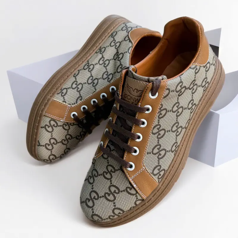 Giày thể thao nam - giày Sneaker nam cao cấp, chất liệu da Sít ( Microfiber ) loại 1, Phiên bản màu Nâu họa tiết và ghi họa tiết,  Đế Cao Su đúc Nguyên Khối cực kỳ êm chân, thoáng khí, dây thắt nút, Thích Hợp 4 Mùa Cao Su Caro Shoes Sneaker 5
