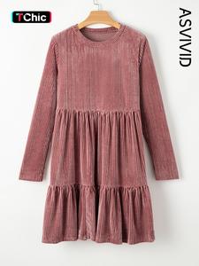 Women's Plain Ruffle Hem Velvet Dress, Fashion Casual Long Sleeve Round Neck Short Dress for Spring & Fall, Women's Clothing for Daily Wear