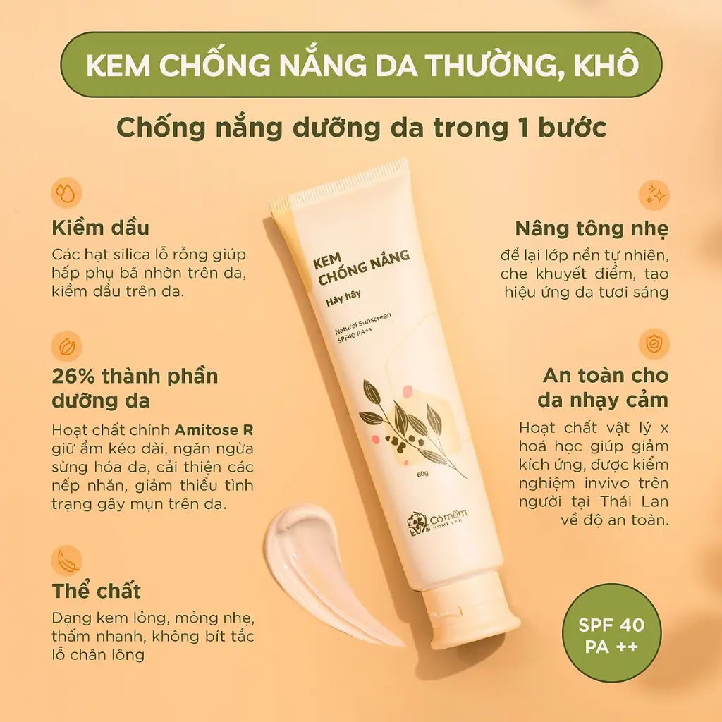 Kem Chống Nắng Thiên Nhiên Thấm Nhanh An Toàn Cho Da Hây Hây SPF 40, PA ++ Cỏ Mềm 60g Skincare Sen Nữ