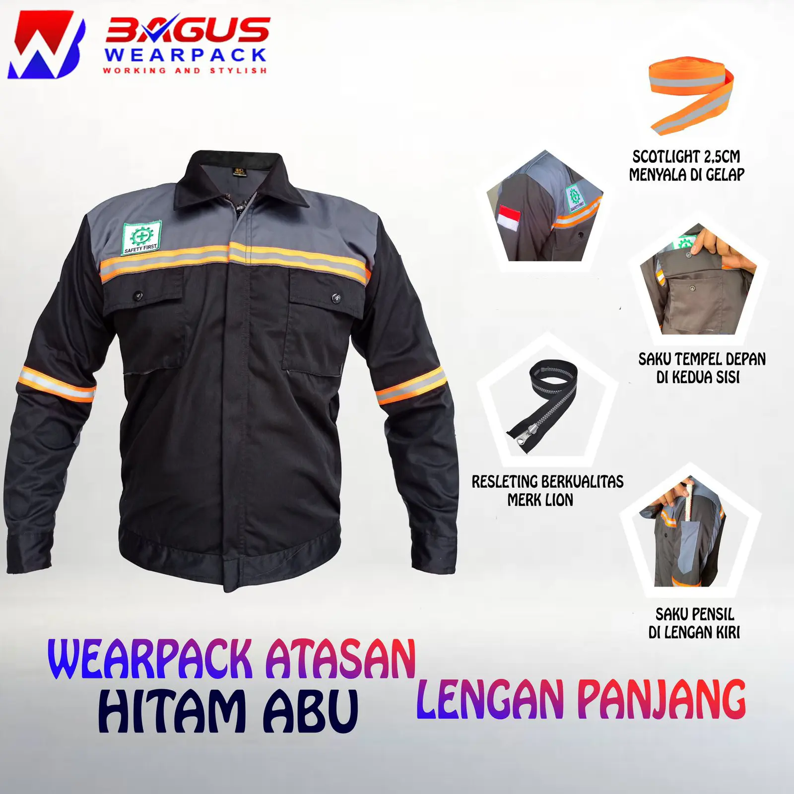 BAJU PROYEK KEREN / BAJU KERJA PRIA PROYEK / HITAM ABU Wearpack Safety