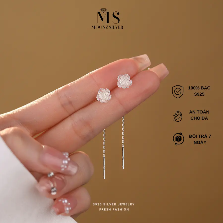 Bông Tai Bạc 925 Nữ Whimsical - Khuyên Tai Moonz Silver Sợi Bạc Mix Hoa Hồng Trắng