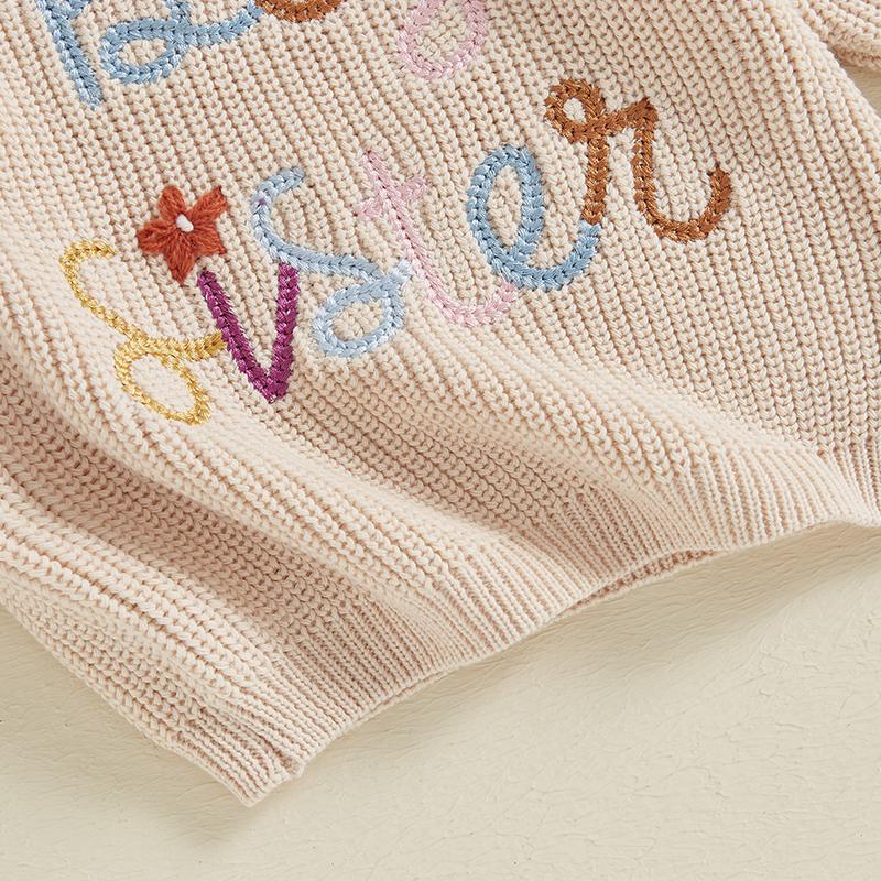 Product Introduction of Little Girl's Sweater Casual Letter Flower Embroidery Crew Neck Long Sleeve Pullover Tops for Fall Winter 35