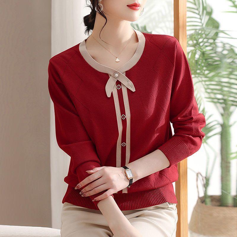 Áo Sơ Mi Dệt Kim, Phong Cách Thanh Lịch Của Mẹ Trẻ, Thích Hợp Cho Mùa Xuân Và Mùa Thu, Áo Len, Quần Áo Mùa Thu, Mặc Trong, Thích Hợp Cho Phụ Nữ Trung Người Già Và Cao Tuổi, Áo Dài Tay Mới, Dáng Rộng Vừa Vặn Women Top