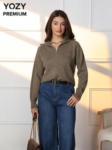 YOZY Women's Solid Half Zip Raglan Sleeve Sweater, Casual Long Sleeve Collared Jumper for Fall & Winter, Fashion Ladies' Knitwear for Daily Wear