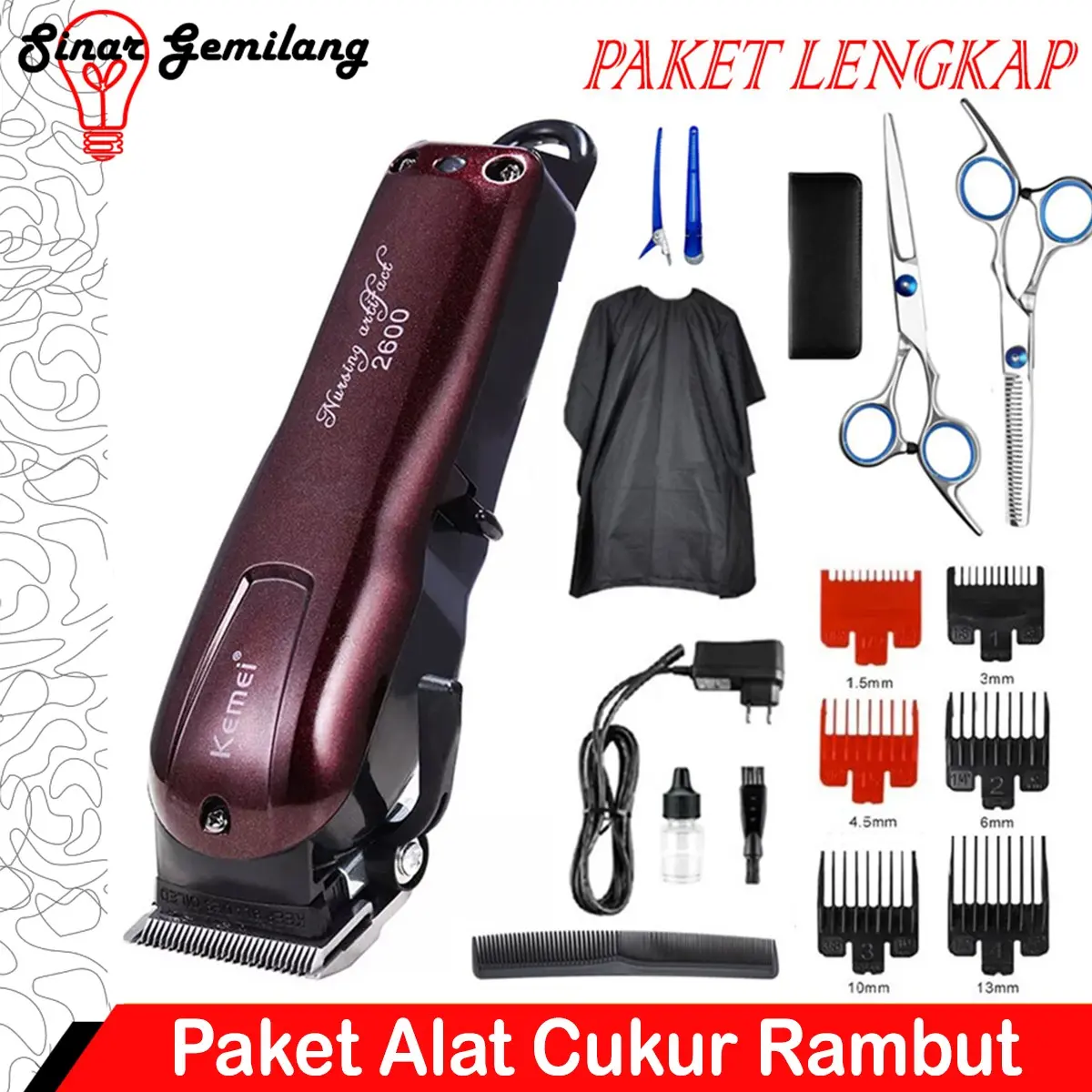 Paket Alat Cukur Rambut Kemei KM-2600 Cordless Mesin Pangkas & Potong Rambut Professional Hair Cipper
