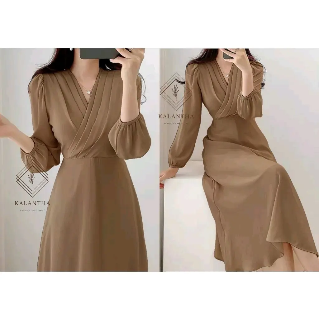 Dress Amora Monita - Midi Dress Polos Gaya Korea Terbaru - Baju Wanita Tangan Panjang