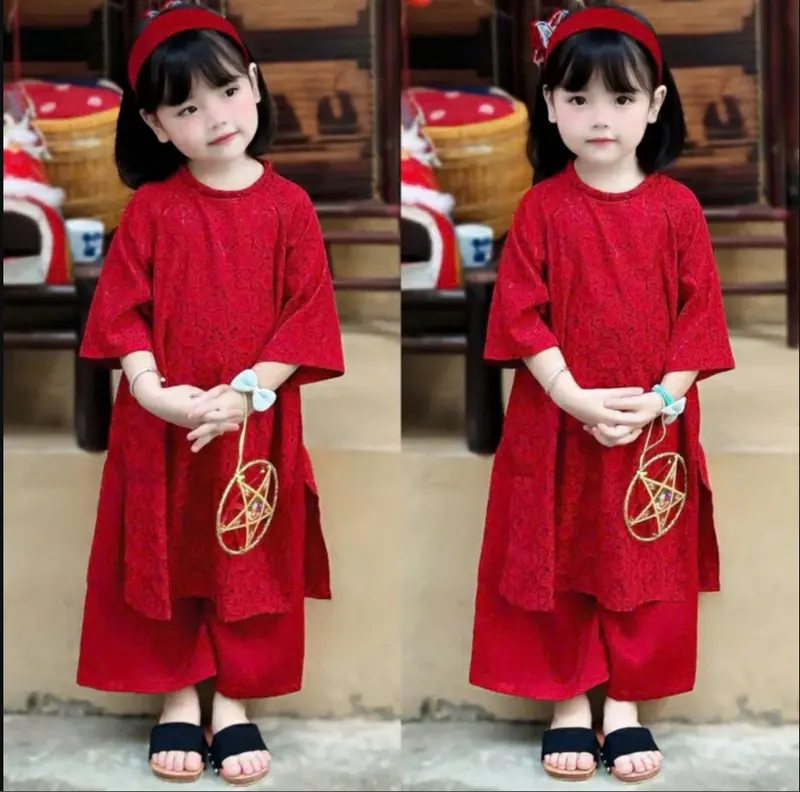 Áo dài gấm hoa cúc bé gái mặc tết mặc đi chơi tặng kèm quần từ 6kg đến 45kg 0