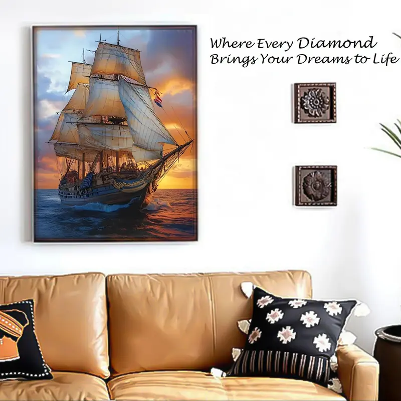 Sailing Ship Pattern DIY Diamond Arts Painting Kit without Frame, DIY 5D Diamond Arts Colorful Painting Kit, Wall Art Decor for Home Living Room Bedroom 3