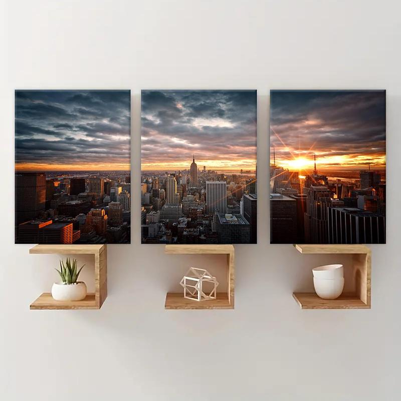 Wooden Framed Canvas Painting, 3 Counts/set City Sunset Pattern Wall Art, Modern Art Wall Decor, Home Decoration Poster for Living Room, Bedroom 4