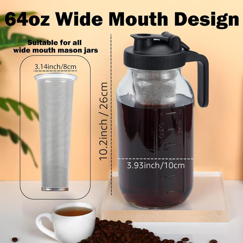 TikTok Shop Cold Brew Mason Coffee Maker 64oz Iced Coffee Pitcher with Stainless Steel Mixing Spoon Super Dense Filter 3 Steps Finish Cold Brew Coffee Classic BPA Free Sturdy Mason