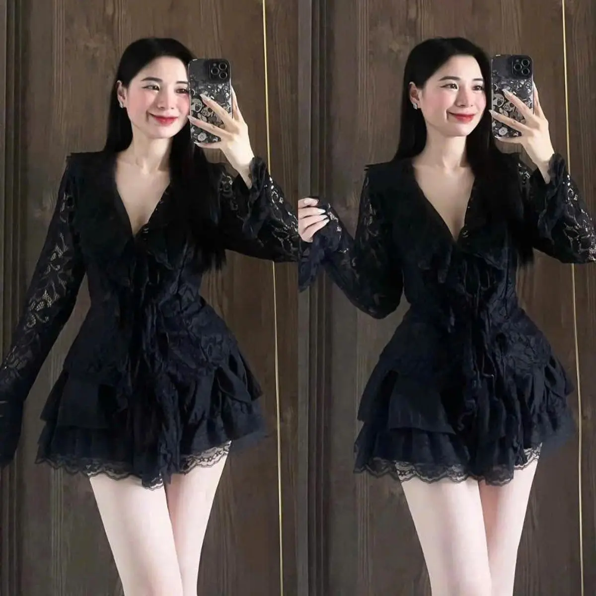 Set áo ren tay dài cổ V nhúng bèo mix chân váy ngắn xoè tầng cho nàng diện đi chơi đi tiệc vừa xinh vừa sang set thường bộ