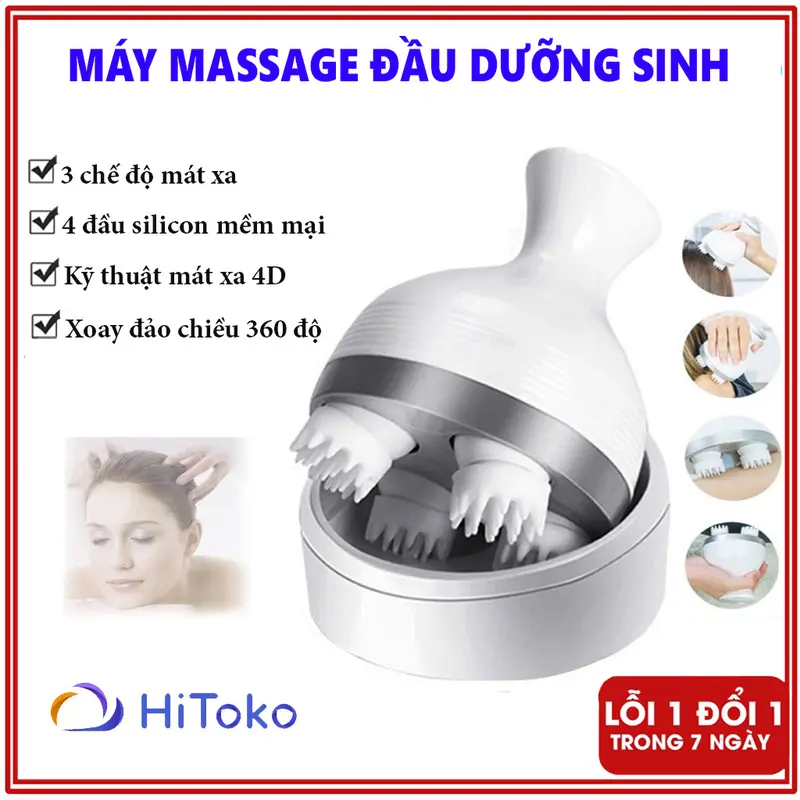 Máy massage đầu dưỡng sinh 3 chế độ, Máy mát xa cầm tay 4 đầu xoay 360 độ, Máy massage đầu mini có kèm dây sạc 0