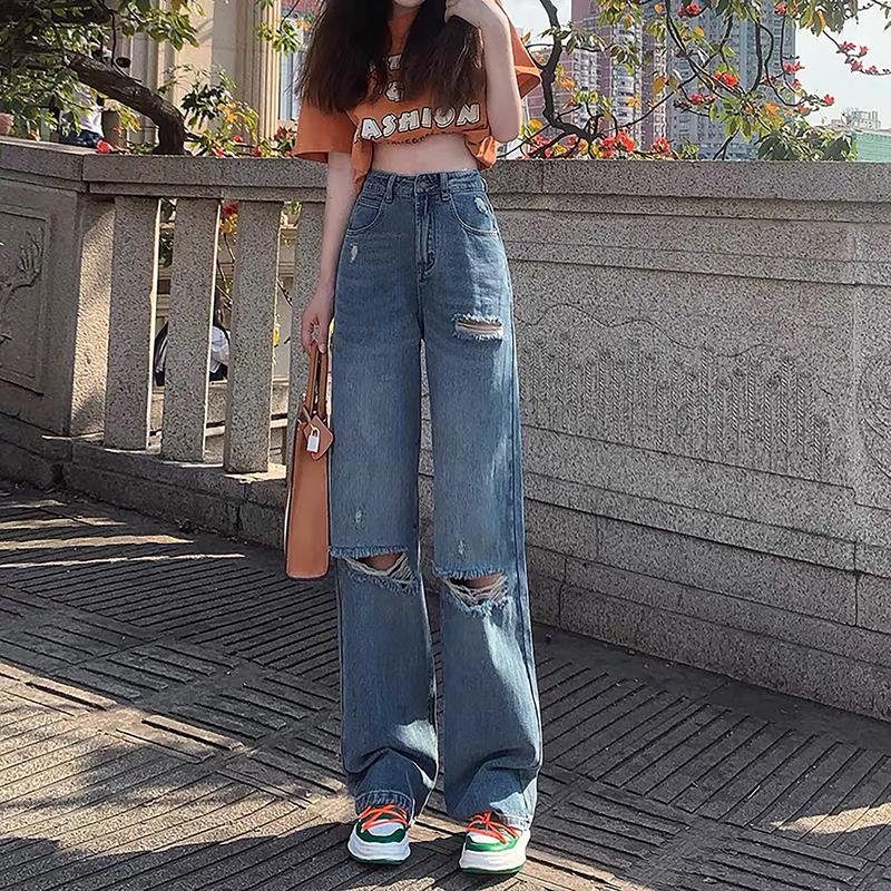 Quần Jeans Suông Ống Rộng màu Xanh Nhạt Rách Bụi BigSize 4417 Quần Jean Ống Rộng Wash Màu, Quần Bò Ống Rộng, Kiểu Dáng Ống Suông Rộng, Quần Bò Nữ Ống Rộng Dáng Xuông Pants Nữ Denim Ong Women Kem