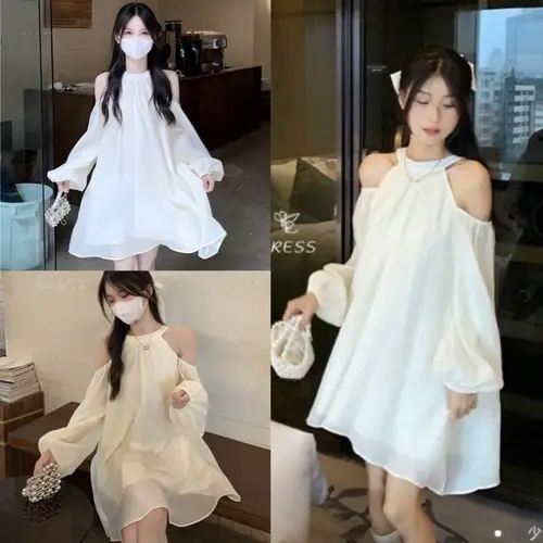 Váy babydoll dáng xoè cổ yếm khoét vai chất voan tơ 2 lớp, Đầm công chúa xoè chữ A dài tay bồng tiểu thư đi chơi dụ tiệc, EYE SHOP