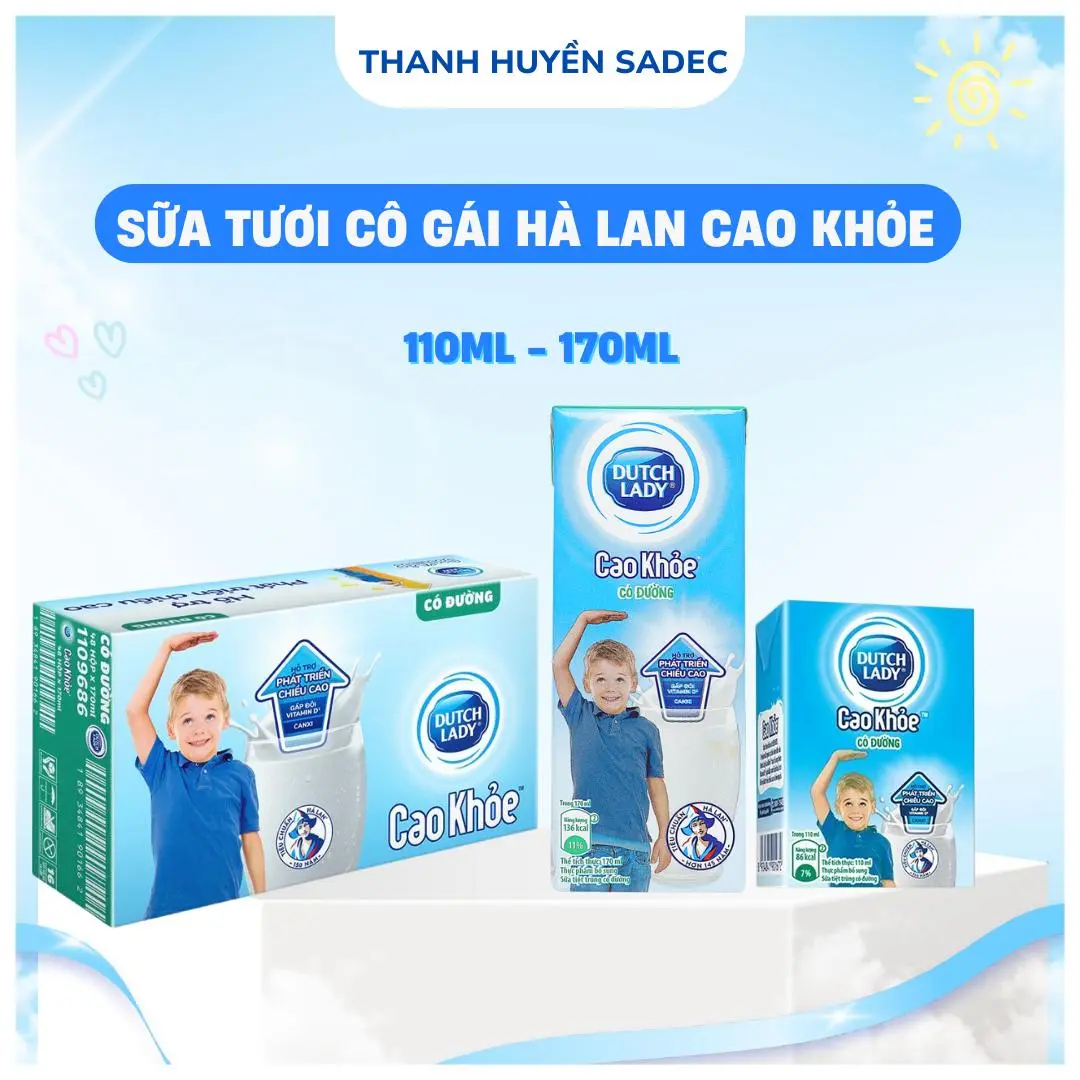 Thùng Sữa Tươi Tiệt Trùng Cô Gái Hà Lan Cao Khỏe Có Đường 12 Lốc x 4 Hộp Với 170ML, 110ML