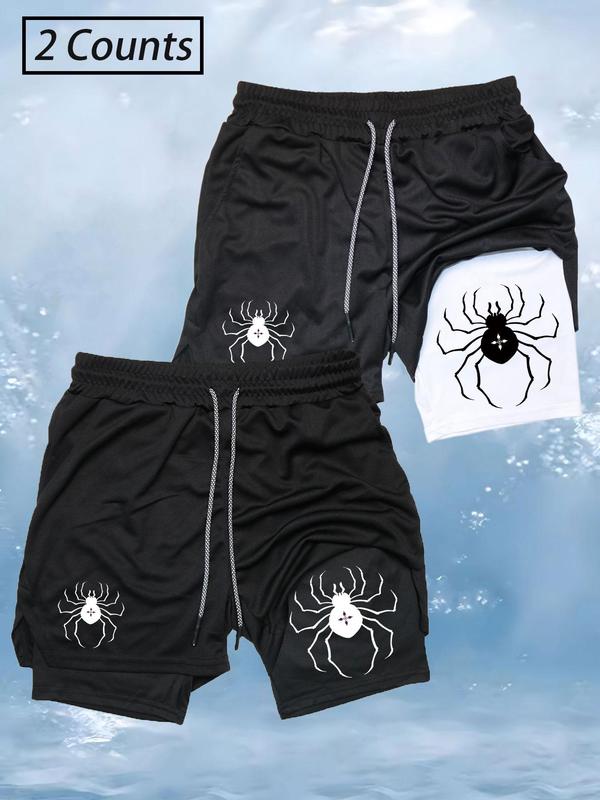 Men's Spider Print 2 in 1 Drawstring Waist Sporty Shorts, Casual Sporty Regular Fit Quick Drying Breathable Bottoms, Men Sports Clothes for Gym Workout Running 8