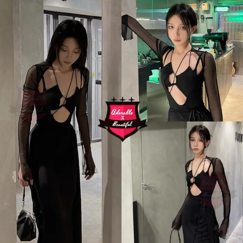 [Tổng Hợp] Bodysuit Đen Thun Tay Dài Lưới Cut Out Sexy Quyến Rũ, Áo Liền Thân Dây Ôm Body Hở Ngực [AdorablexBeautiful] 4