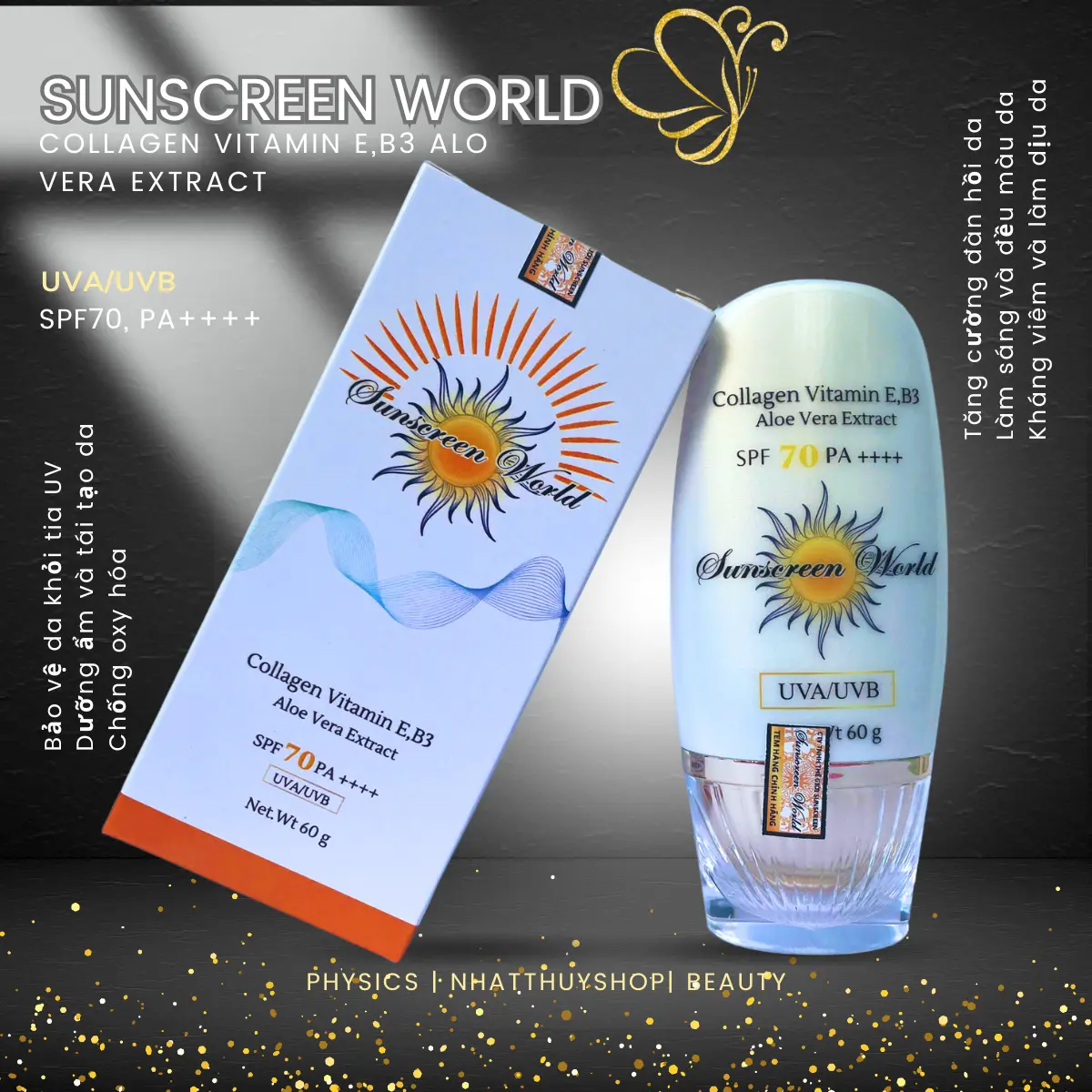 Kem Chống Nắng Sunscreen World Collagen Vitamin E B3 Triết Xuất Lô Hội SPF 70 PA++++ Bảo Vệ Da Khỏi Tia UV