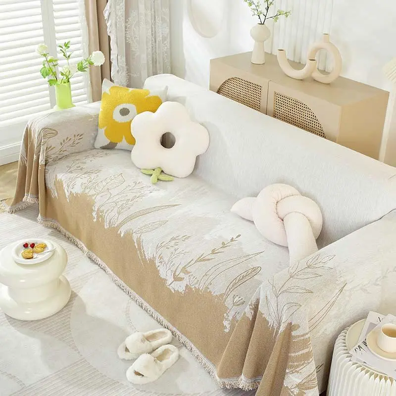 Soft Chenille Sofa Blanket, 1 Count Plant Pattern Tassel Edge Design Sofa Cover, Sofa Dust Cover, Home Decoration Supplies for Living Room Hotel