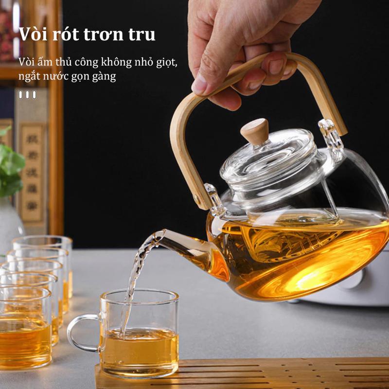 SALE HOT Bình pha trà thuỷ tinh chịu nhiệt 900ml có lõi lọc thủy tinh Ấm trà thuỷ tinh có tay cầm tre Có thể được làm nóng